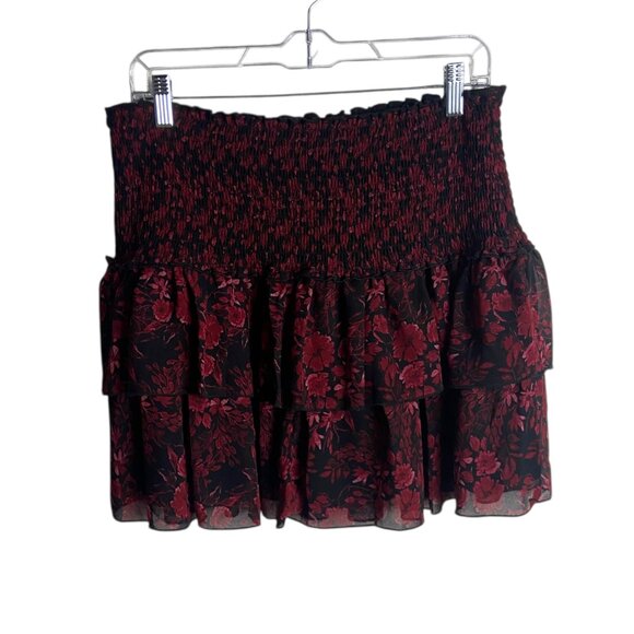 Francesca's Size L Smocked Tired Mini Skirt Red Black Dark Floral Romantic Fairy - Picture 1 of 7